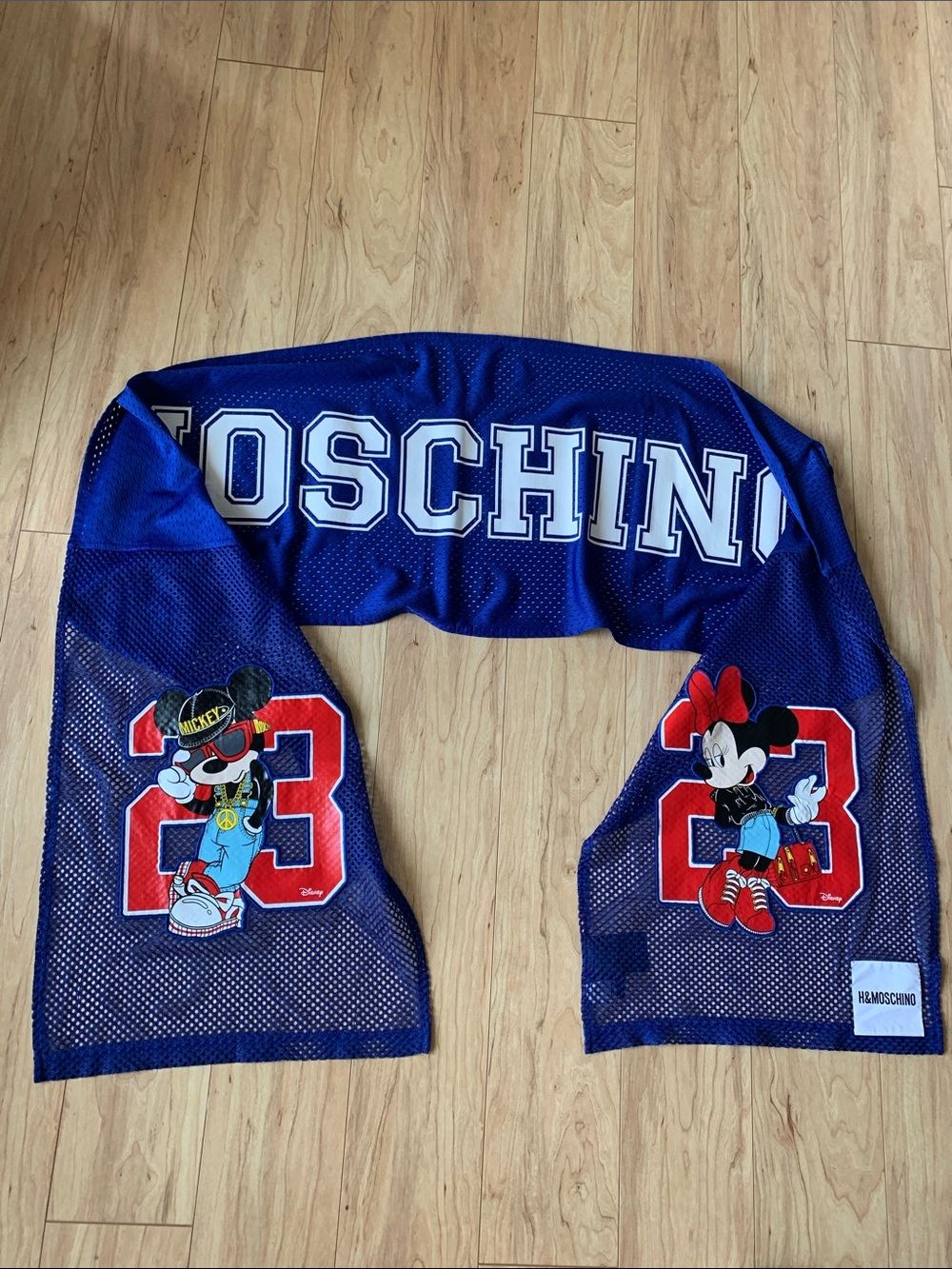 Moschino H&M Disney Blue Mesh Scarf with Mickey & Minnie Graphics
